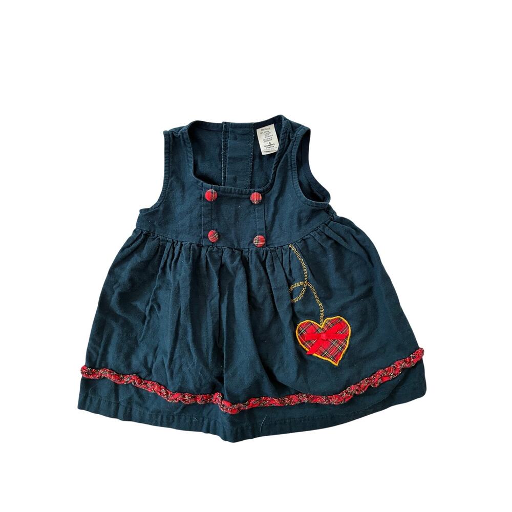 Vintage Toddler Dress Blue with Red Tartan Plaid Applique Heart Ruffles Buttons